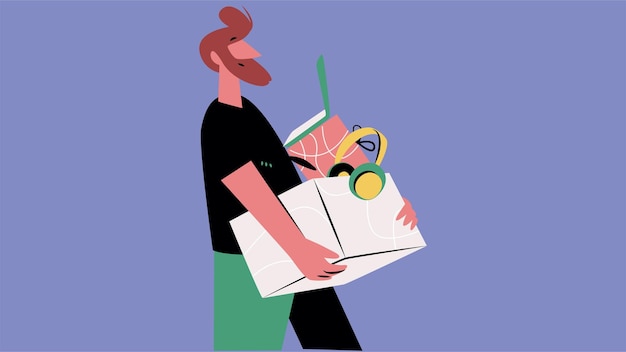 Afgetreden werknemer met zijn bezittingen in een doos illustratie