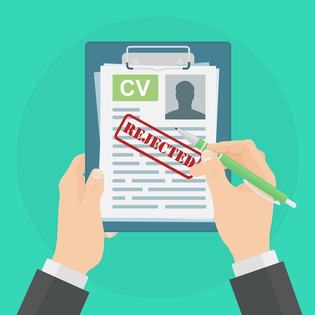Afgewezen zakelijke cv. Sollicitatiegesprek, curriculum vitae. Werving, aanwerving