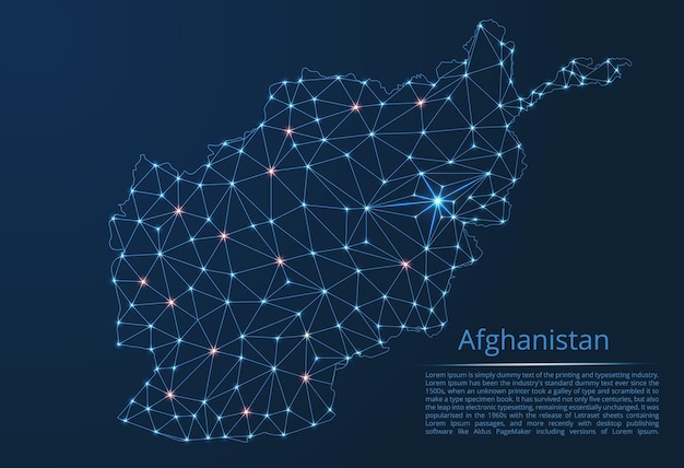 아프가니스탄 통신 네트워크 지도 조명이 있는 글로벌 지도의 벡터 낮은 폴리 이미지