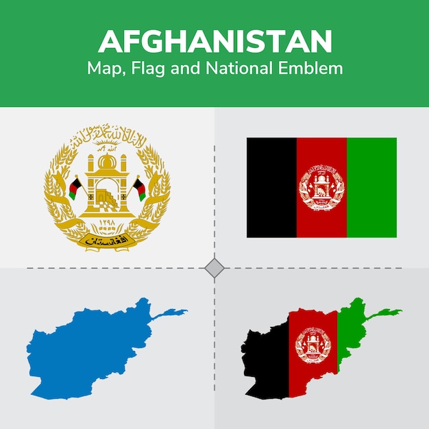 Vettore bandiera della mappa dell'afghanistan ed emblema nazionale