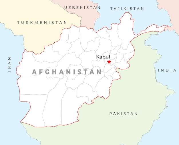 수도 카불과 가장 중요한 도시와 국경이 있는 아프가니스탄 지도