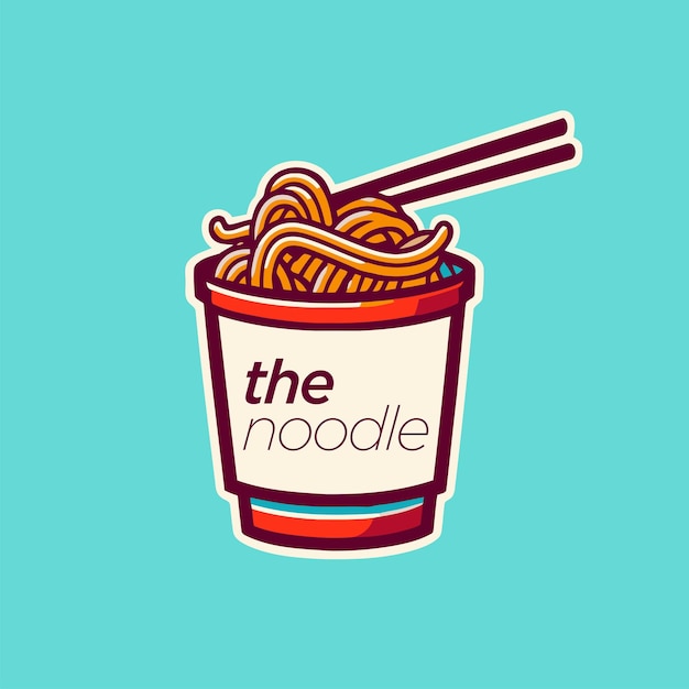 Afhaal Chinees eten badge van noodle box met eetstokjes logo design icoon