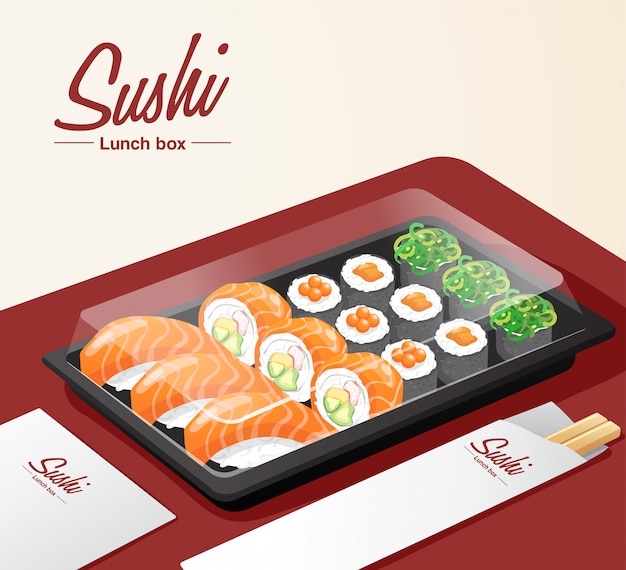 Afhaalmaaltijden sushi set met dienblad, stokjes en servet op rode tafel