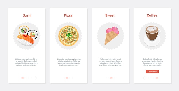 Afhaalproductmenu voor fastfoodcafés, ux, ui onboarding mobiele app-paginaschermset