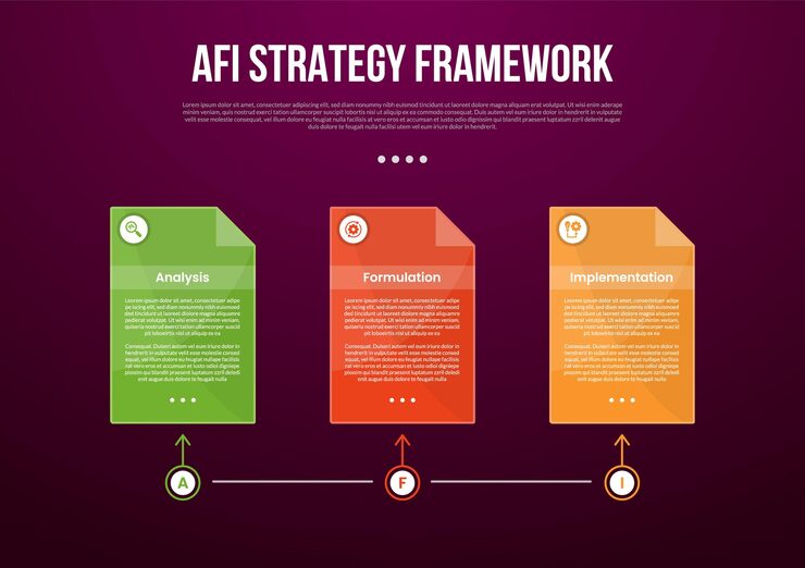 Vector afi 전략 프레임워크 인포그래픽 템플릿: 슬라이드 프레젠테이션을 위해 3 점과 함께 어두운 배경 스타일과 시간 라인에 연결된 상자 컨테이너