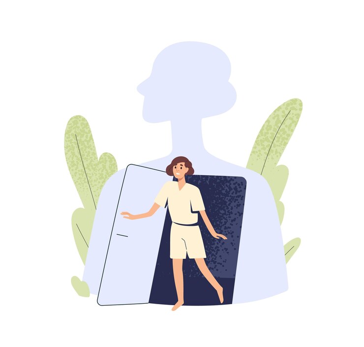 Vector afraid person go out into world overcoming fear and anxiety release true self and getting rid of phobias psychological concept of becoming free flat vector illustration isolated on white background