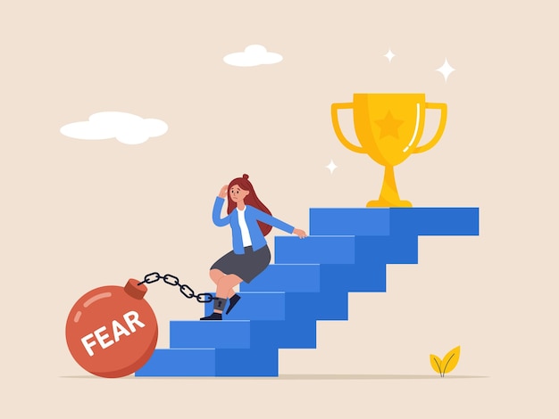 Afraid of progress forward concept Depressed businesswoman sitting on stairway to success goal