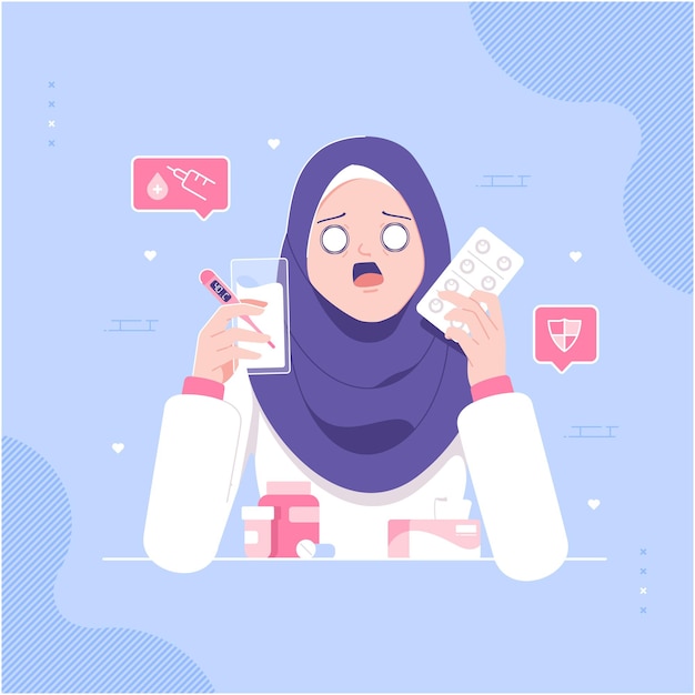 Afraid to take medicine hijab girl character illustration