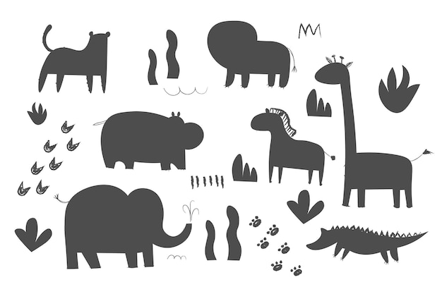 Vector africa animals silhouettes isolated on white background vector illustration africa animals contour africa mammals big vector set hippo elephant giraffe lion icon eps