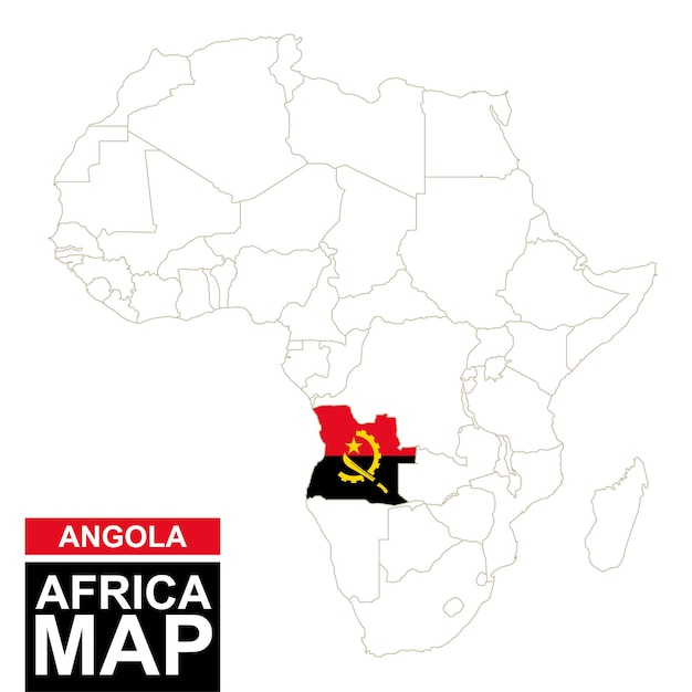 Контурная карта Африки с выделенной Анголой. Карта Анголы и флаг на карте Африки. Векторная иллюстрация.