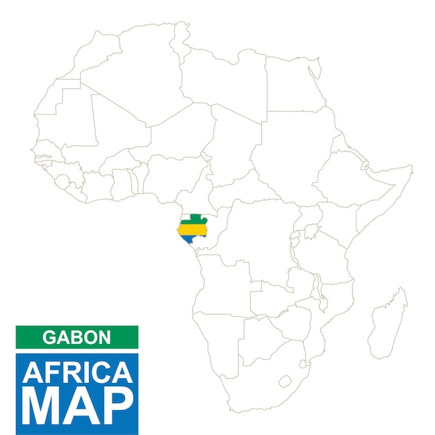 Vector africa contoured map with highlighted gabon. gabon map and flag on africa map. vector illustration.