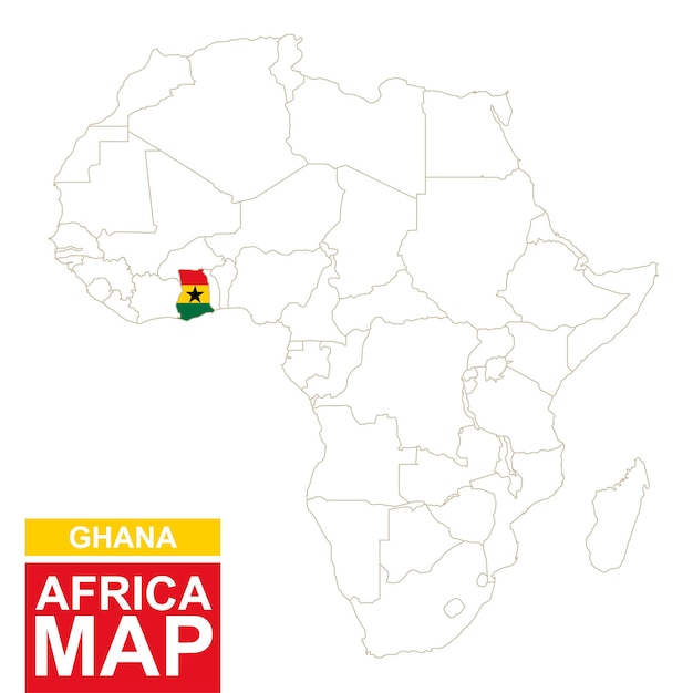 Контурная карта африки с выделенной ганой. карта ганы и флаг на карте африки. векторная иллюстрация.