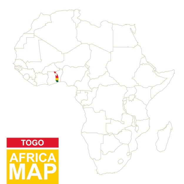 Mappa sagomata dell'africa con il togo evidenziato. mappa del togo e bandiera sulla mappa dell'africa. illustrazione vettoriale.