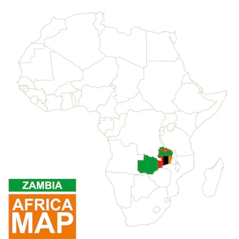 Mappa sagomata dell'africa con lo zambia evidenziato. mappa e bandiera dello zambia sulla mappa dell'africa. illustrazione vettoriale.