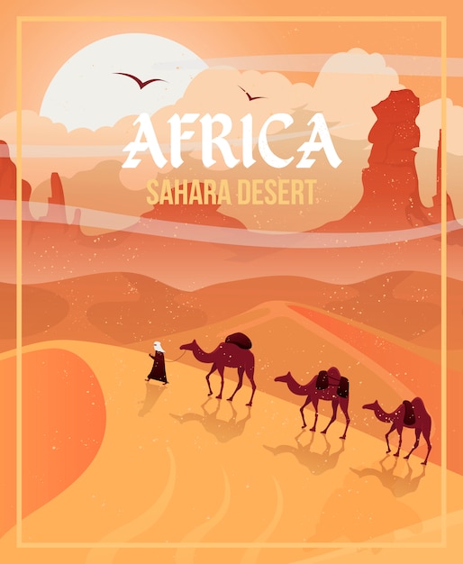 Africa. desert landscape with camel caravan.