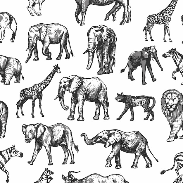 Africa_doodle_vintage_Seamless_pattern животные