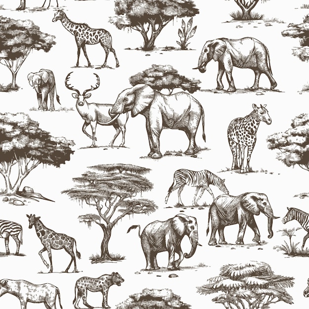 Africa_doodle_vintage_Seamless_pattern animals