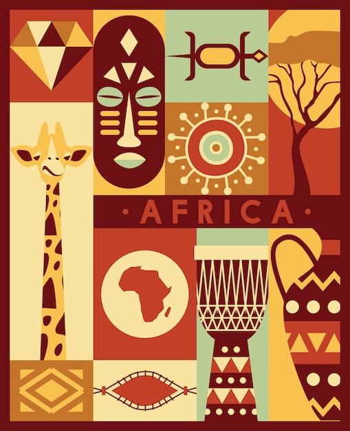 Vector africa jungle ethnic culture travel icons set