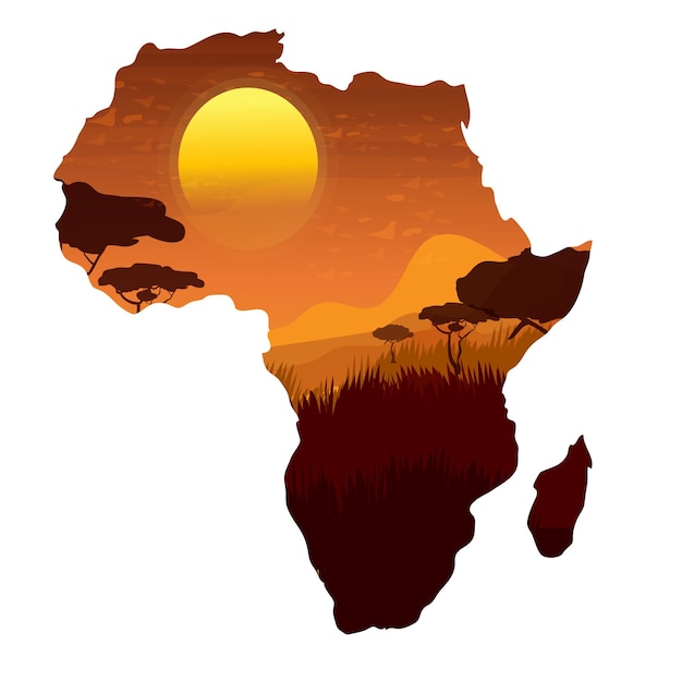 Africa map silhouette with sunset and landscape in cartoon style