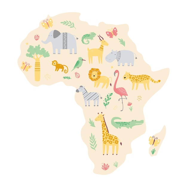 Mappa dell'africa con simpatici animali dello zoo africano