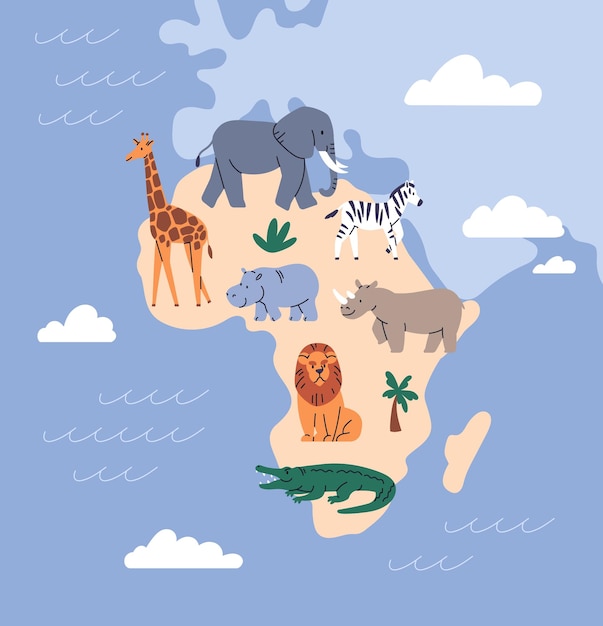 Africa map with wild animals. Cute mammals of African land, continent. Wildlife, terrestrial fauna, different species, habitats, elephant, giraffe, lion, zebra. Childish flat vector illustration.