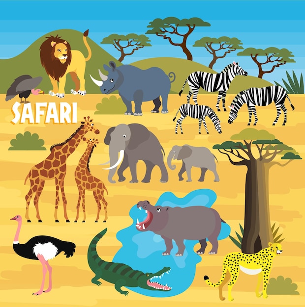 Vettore insieme dell'animale di africa safari. mappa degli animali dei cartoni animati