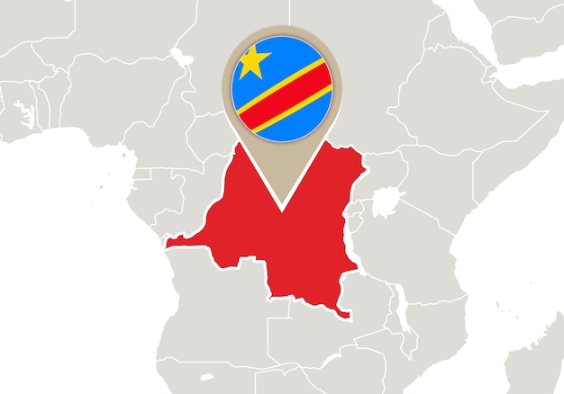 강조 표시된 DR 콩고 지도 및 플래그가 있는 아프리카