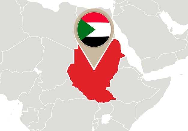 Africa with highlighted sudan map and flag