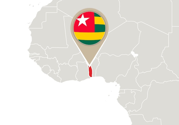 강조 표시된 토고 지도 및 플래그가 있는 아프리카