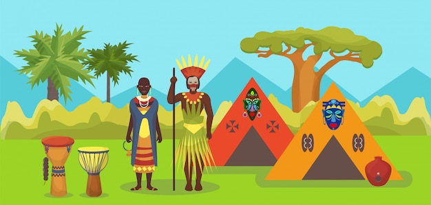 African aboriginal tribes, native black skinned couple people man and woman  illustration. Portraits of African aborigines with home, masks and tomtom drums.