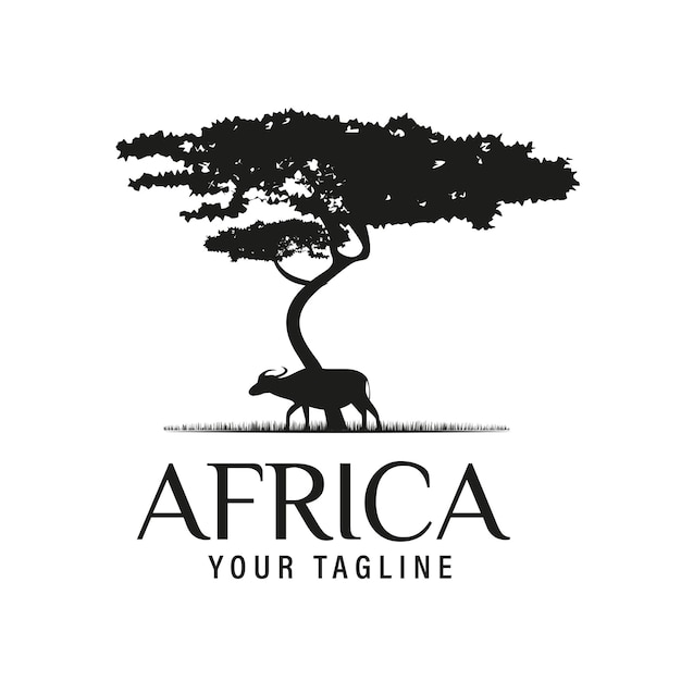 African acacia tree with african buffalo silhouette for safari adventure logo design vector