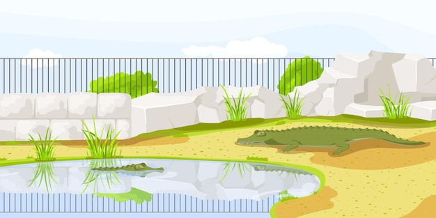 動物園の囲いの池とフェンスの近くに横たわるアフリカワニ サファリ休暇 自然野生動物 漫画デザイン かわいいワニのキャラクター 絵のような風景 野生のサバンナ ベクトルイラスト