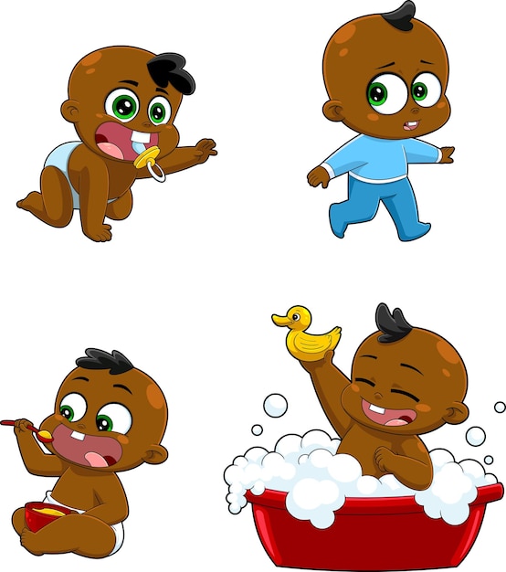 African American Babies Cartoon Characters. Vector Hand Drawn Collection Set