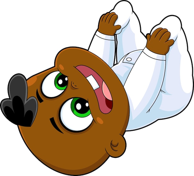 African American Baby Boy Cartoon Character Is Playing Touching Feet