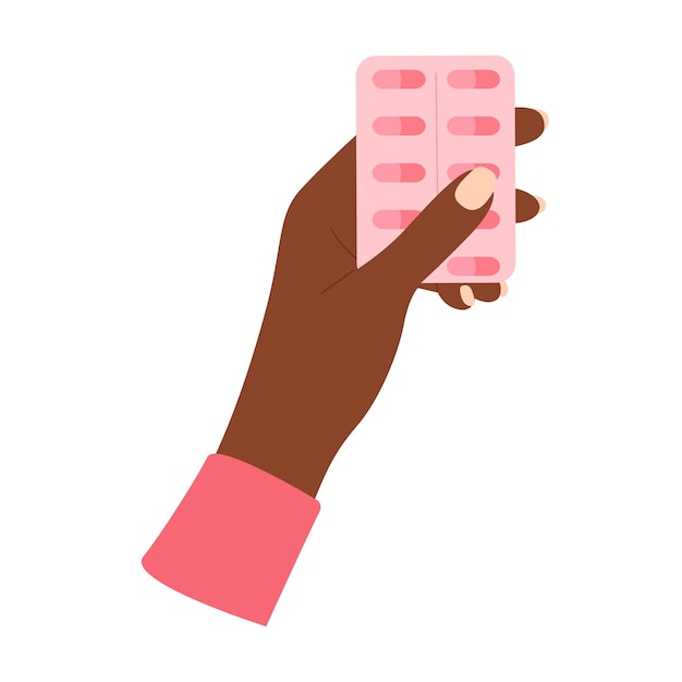 Vector african american black female hand holds pills for menstrual period pain medicine vector