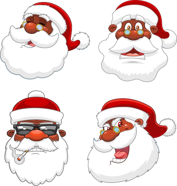 Vector african american black santa claus face cartoon characters vector collection set