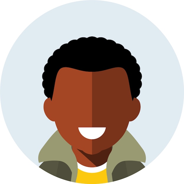 Vector african american black young adult man in yellow tshirt and khaki jacket round avatar face icon