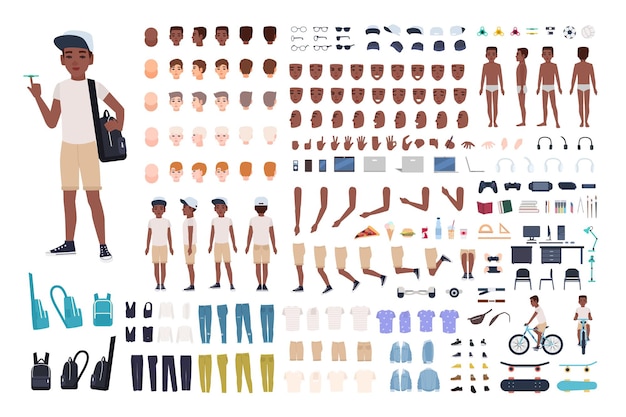 Vector african american boy constructor or diy kit. collection of child or teen body parts, facial expressions, clothing isolated on white background. colorful vector illustration in flat cartoon style.