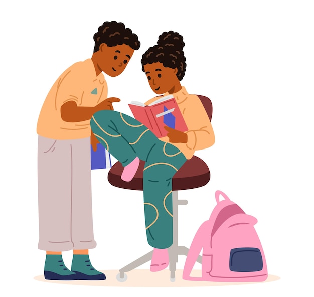 アフリカ系アメリカ人の男の子と女の子が一緒に本を読んでいる