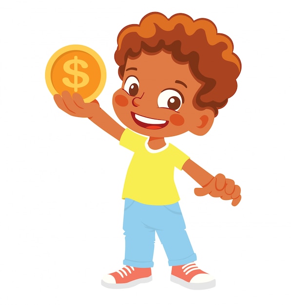 アフリカ系アメリカ人の少年はコインを保持しています。手にゴールドコイン
