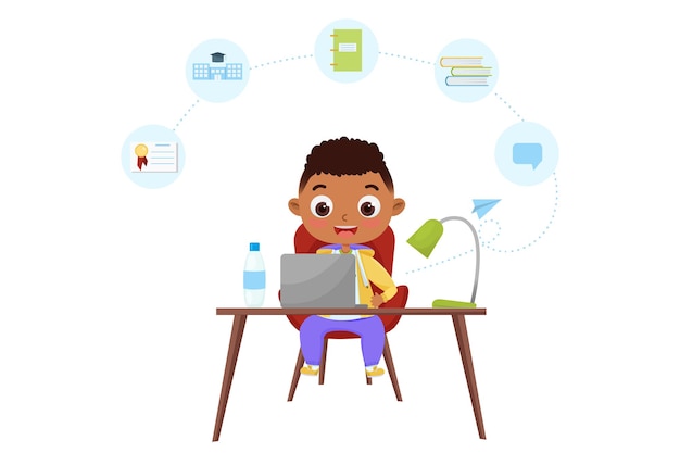 Vector african american boy learning online, using laptop. concept distance education. premium vector