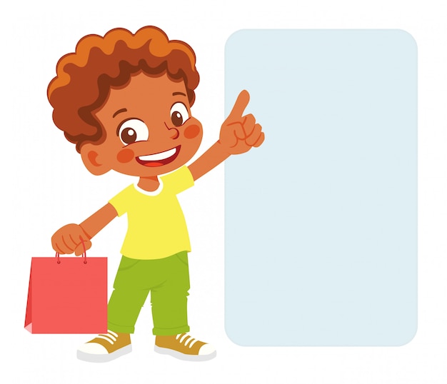 Vector african american boy with purchases. boy points finger