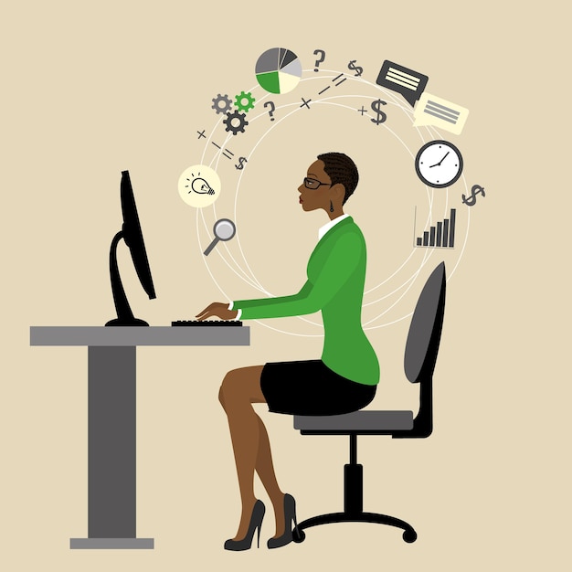 Vector african american business woman or office worker working at computer internet communication vector