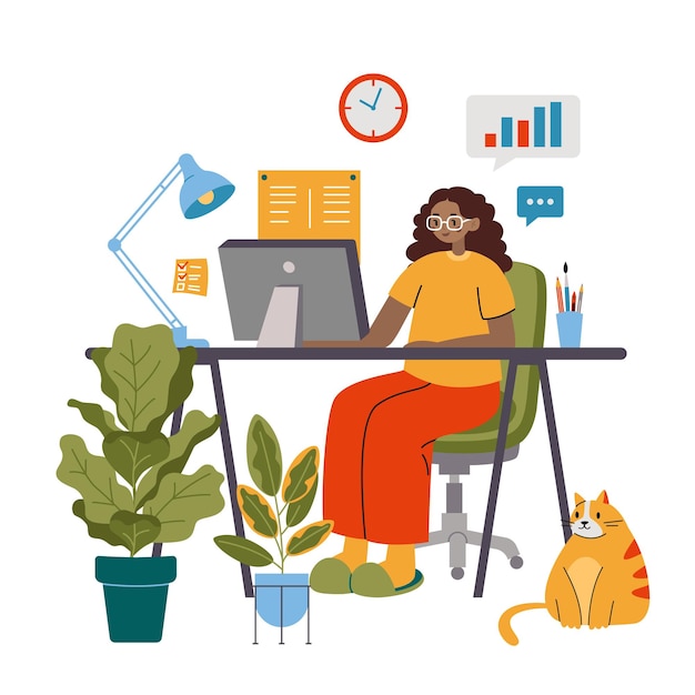 Vector african american business woman working on computer at the desk cute cozy home workplace cartoon style online career self employed concept trendy modern vector illustration flat design