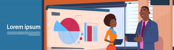 Vector african american businessman and businesswoman holding presentation stand over board with charts