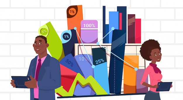 Vector african american businessman and businesswoman holding presentation stand over charts and graph business