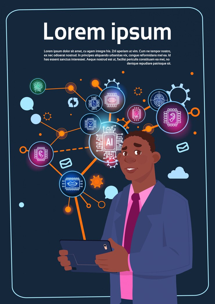 Vector african american businessman holding presentation stand over digital screen with charts and graph