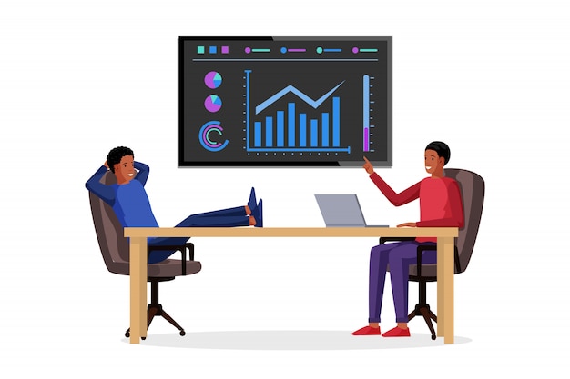 Uomo d'affari afroamericano che fa l'illustrazione di presentazione. rapporto di attività con grafici, diagrammi, infografica, informazioni statistiche a bordo. analisi e strategia aziendale