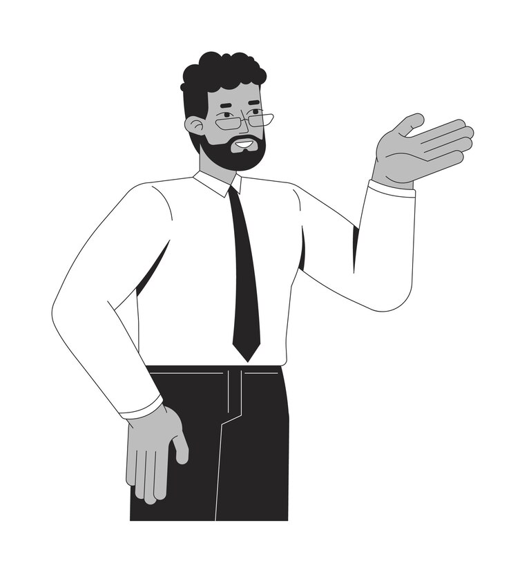 Vector african american businessman in presentation gesture 2d line character