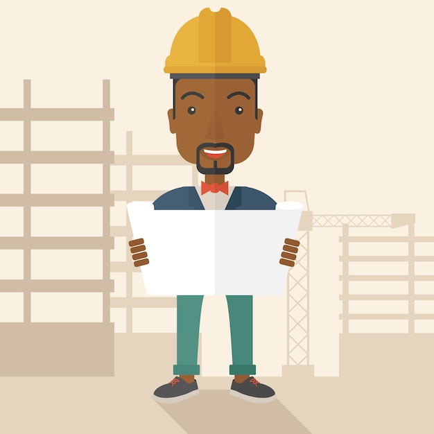 Vector african-american construction worker holding the plan.